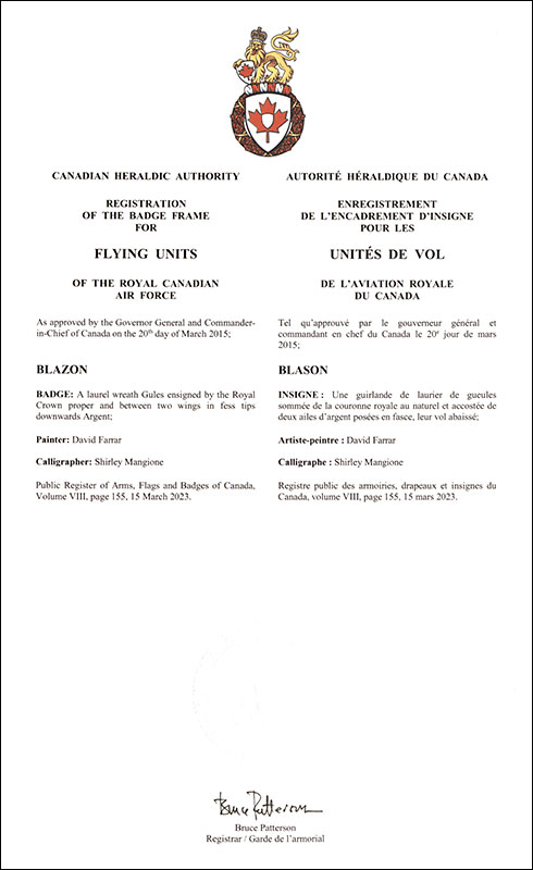 Letters patent registering the badge frame for Flying Units of the Royal Canadian Air Force Letters patent registering the badge frame for Flying Units of the Royal Canadian Air Force