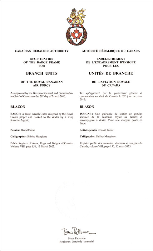 Letters patent registering the badge frame for Branch Units of the Royal Canadian Air Force