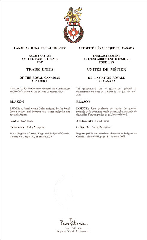 Letters patent registering the badge frame for Trade Units of the Royal Canadian Air Force Letters patent registering the badge frame for Trade Units of the Royal Canadian Air Force