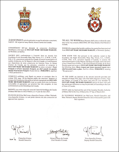 Lettres patentes concédant des emblèmes héraldiques à Sylvain Marc Richard Margot
