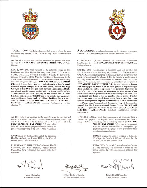 Letters patent granting heraldic emblems to Edward Melbourne Smith