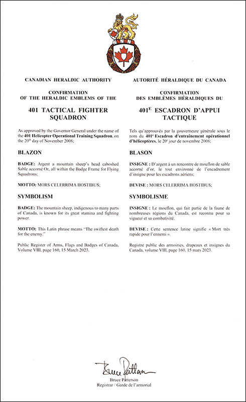 Letters patent confirming the heraldic emblems of the 401 Tactical Fighter Squadron