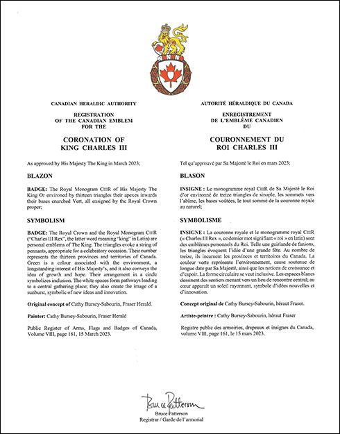 Letters patent registering the Canadian Coronation Emblem of King Charles III