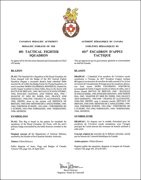 Letters patent approving the heraldic emblems of the 401 Tactical Fighter Squadron