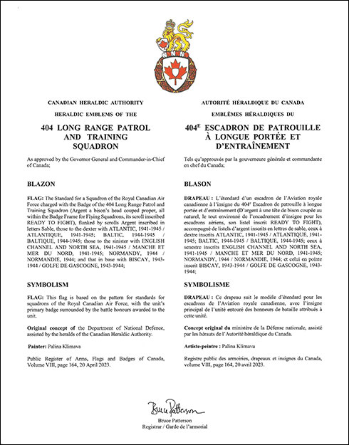 Letters patent confirming the heraldic emblems of the 404 Long Range Patrol and Training Squadron