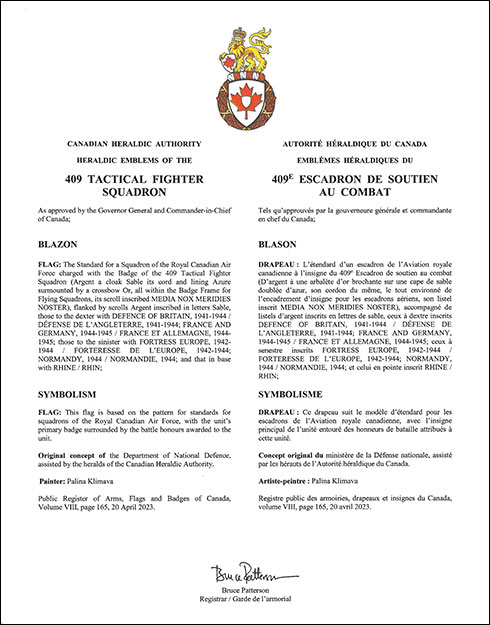 Letters patent approving the heraldic emblems of the 409 Tactical Fighter Squadron