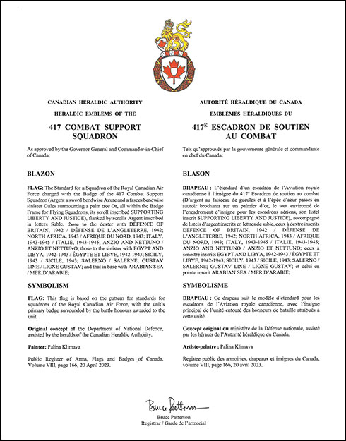 Letters patent approving the heraldic emblems of the 417 Combat Support Squadron