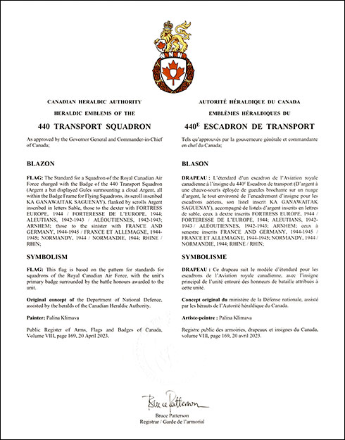 Letters patent approving the heraldic emblems of the 440 Transport Squadron