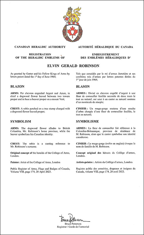 Letters patent registering the heraldic emblems of Elvin Gerald Robinson