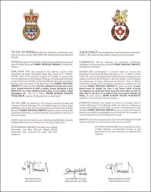 Letters patent granting heraldic emblems to Terry Michael Brown