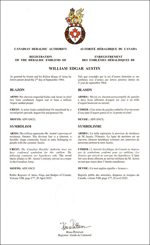 Letters patent registering the heraldic emblems of William Edgar Austin