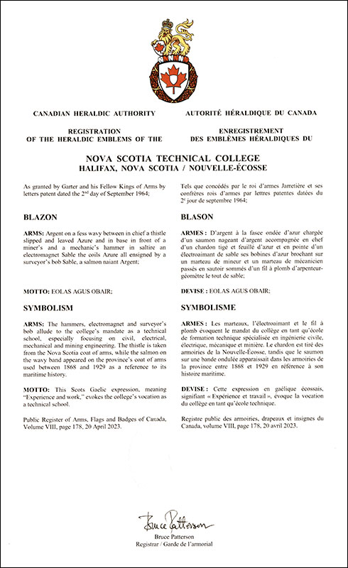 Letters patent registering the heraldic emblems of the Nova Scotia Technical College