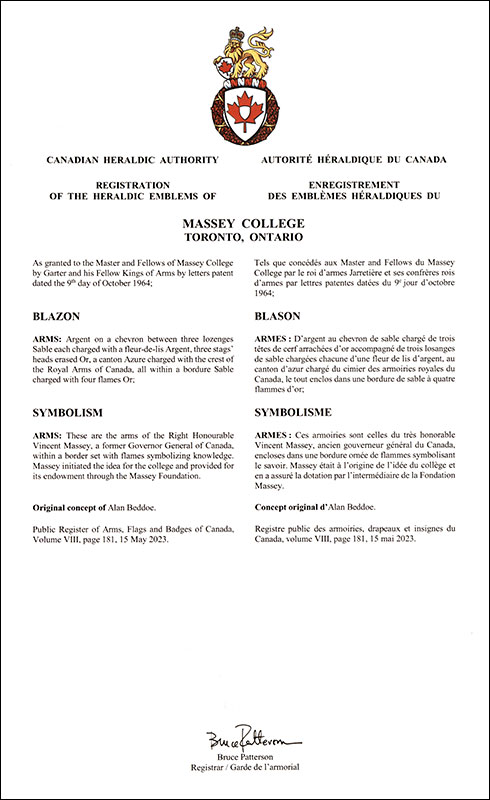 Letters patent registering the heraldic emblems of Massey College