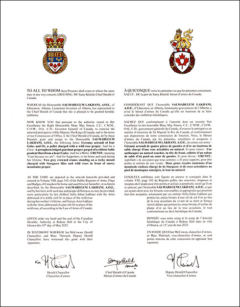 Letters patent granting heraldic emblems to Salmabegum Lakhani