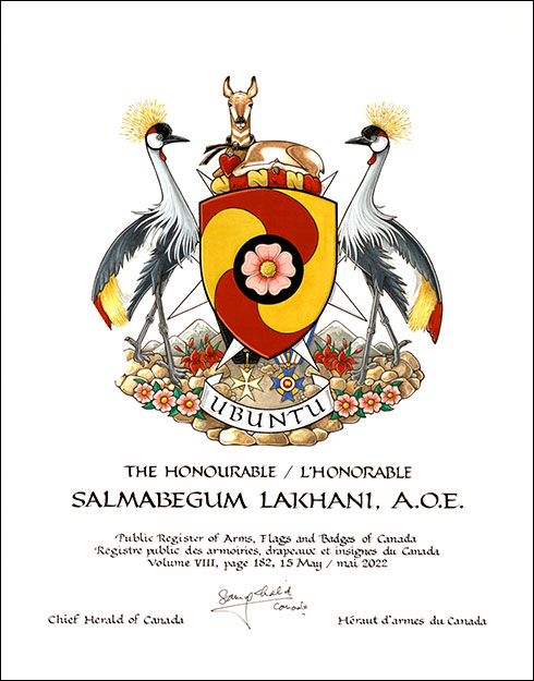 Letters patent granting heraldic emblems to Salmabegum Lakhani