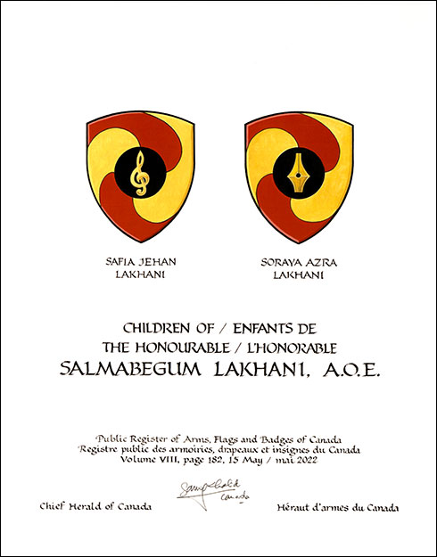 Letters patent granting heraldic emblems to Salmabegum Lakhani