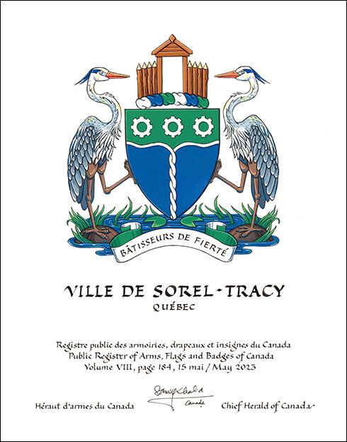 Letters patent granting heraldic emblems to the Ville de Sorel-Tracy