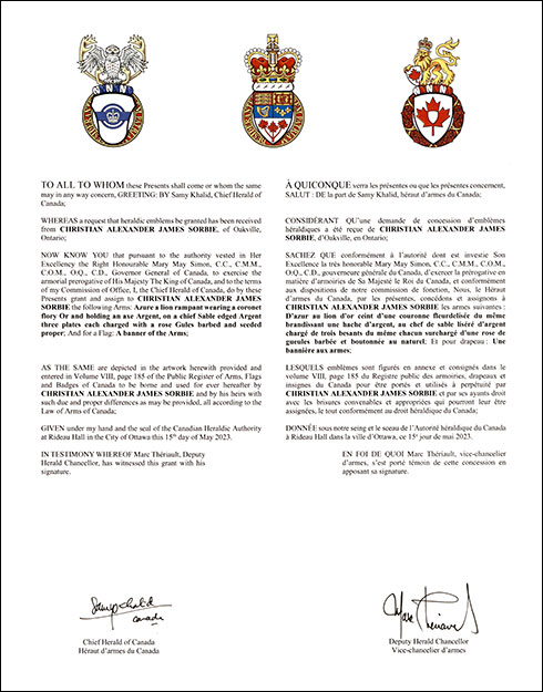 Letters patent granting heraldic emblems to Christian Alexander James Sorbie