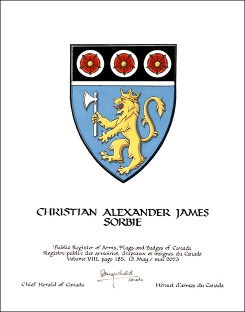 Letters patent granting heraldic emblems to Christian Alexander James Sorbie