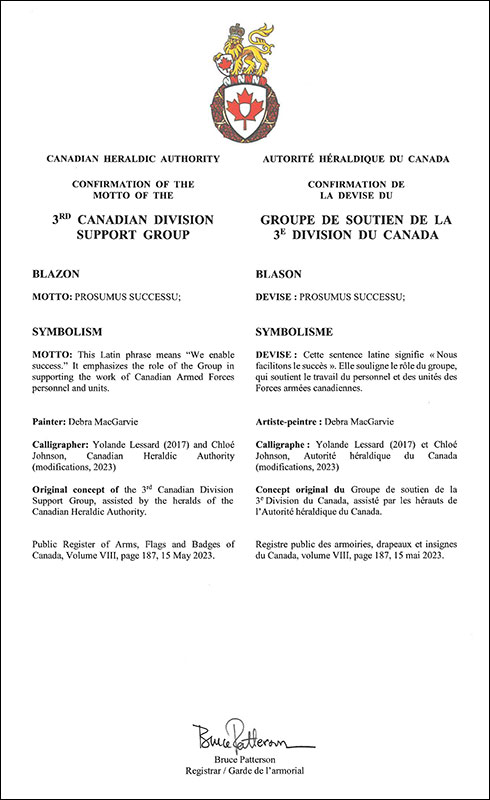 Letters patent approving the heraldic emblems of the 3rd Canadian Division Support Group