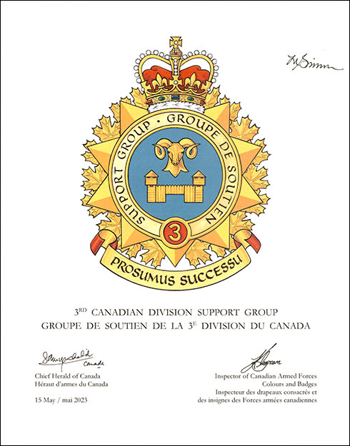 Letters patent approving the heraldic emblems of the 3rd Canadian Division Support Group