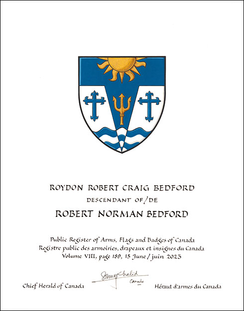 Lettres patentes concédant des emblèmes héraldiques à Robert Norman Bedford