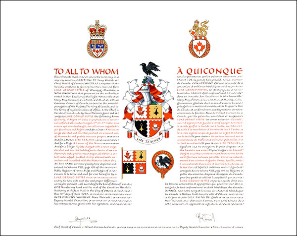 Letters patent granting heraldic emblems to Luke Gerald Settee