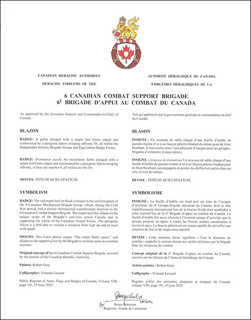 Letters patent approving the Badge of the 6 Canadian Combat Support Brigade