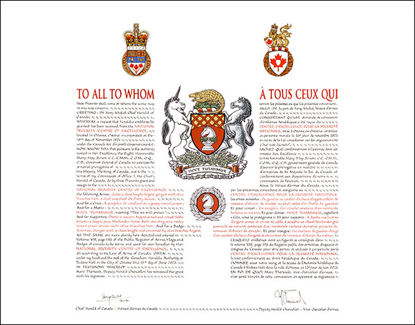 Letters patent granting heraldic emblems to the National Security Centre for Excellence
