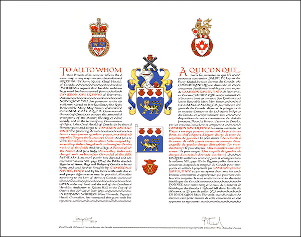 Letters patent granting heraldic emblems to Cameron Xavier Pinto