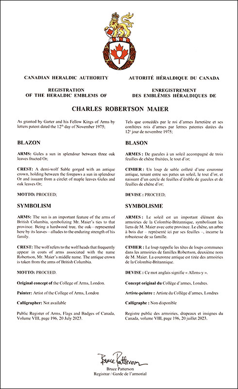 Letters patent registering the heraldic emblems of Charles Robertson Maier