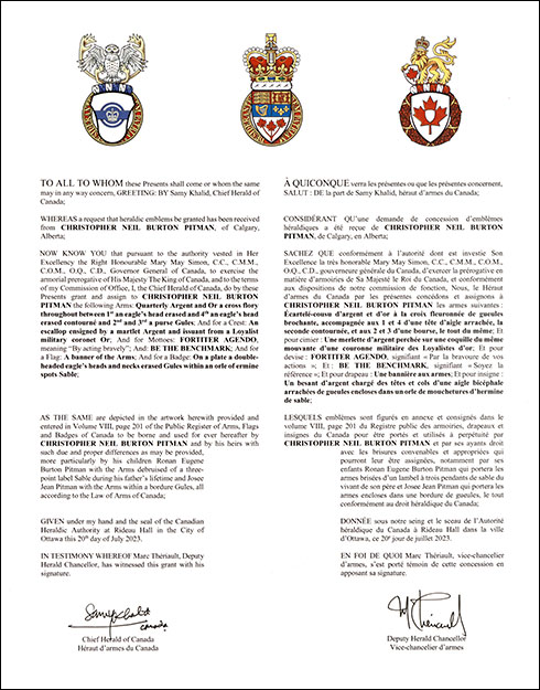 Letters patent granting heraldic emblems to Christopher Neil Burton Pitman