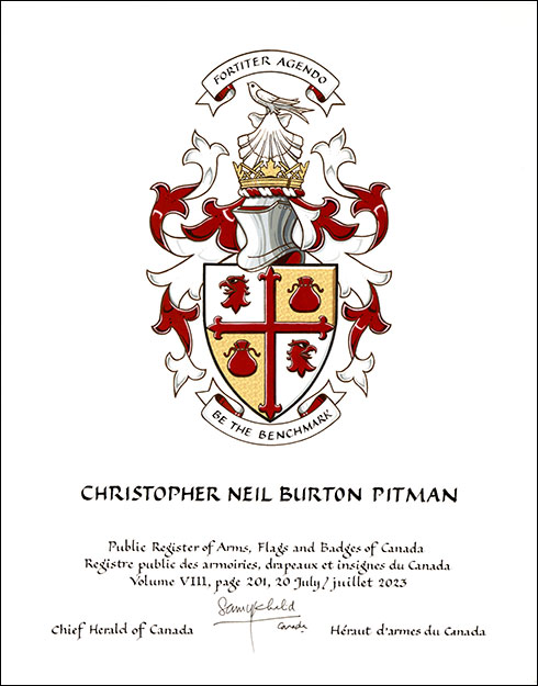 Letters patent granting heraldic emblems to Christopher Neil Burton Pitman