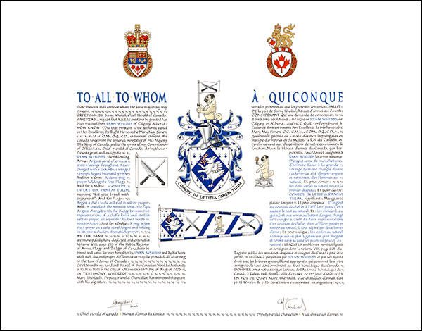 Letters patent granting heraldic emblems to Ryan Whibbs