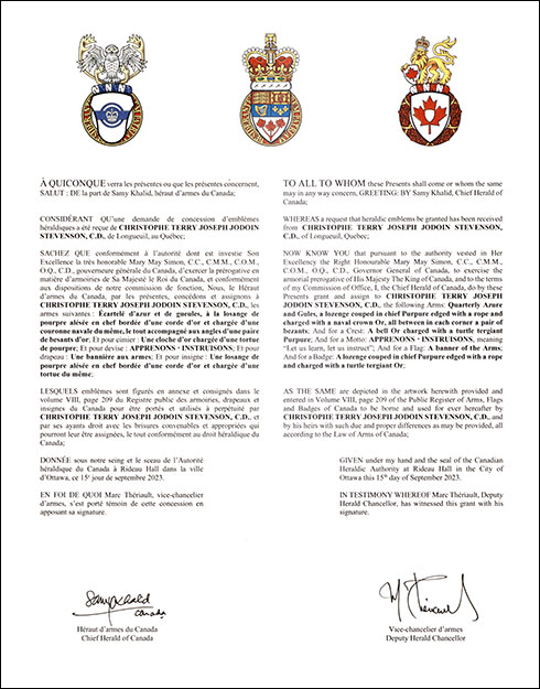 Letters patent granting heraldic emblems to Christophe Terry Joseph Jodoin Stevenson