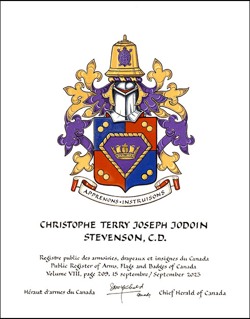 Letters patent granting heraldic emblems to Christophe Terry Joseph Jodoin Stevenson
