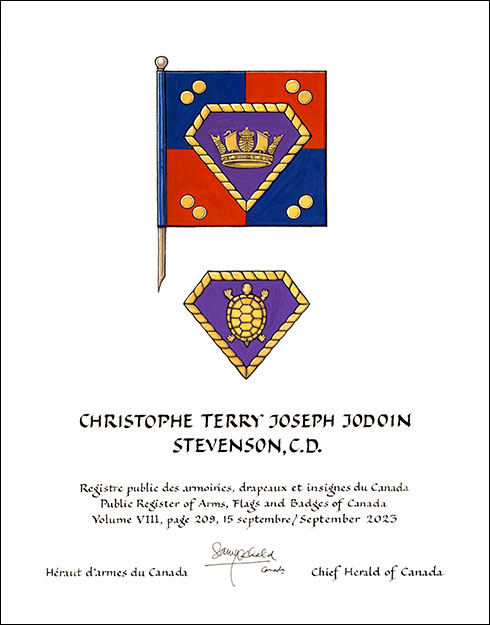 Letters patent granting heraldic emblems to Christophe Terry Joseph Jodoin Stevenson