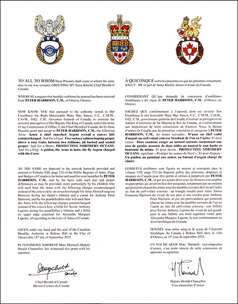 Letters patent granting heraldic emblems to Peter Harrison