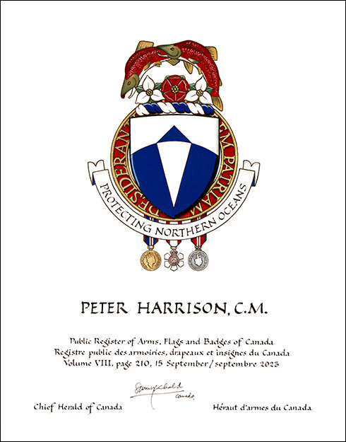 Letters patent granting heraldic emblems to Peter Harrison
