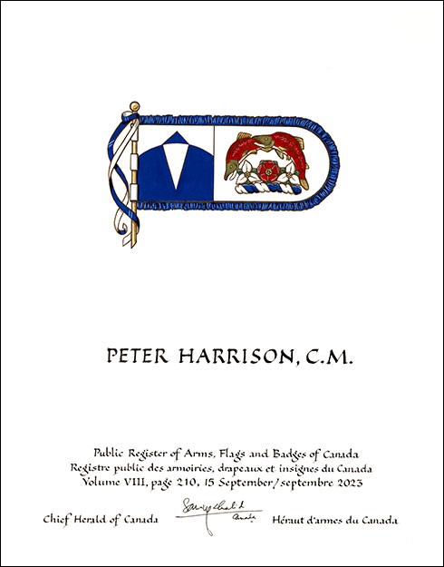Letters patent granting heraldic emblems to Peter Harrison
