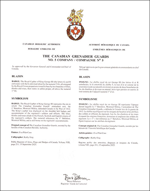 Letters patent approving the Badge of The Canadian Grenadier Guards, No. 5 Company