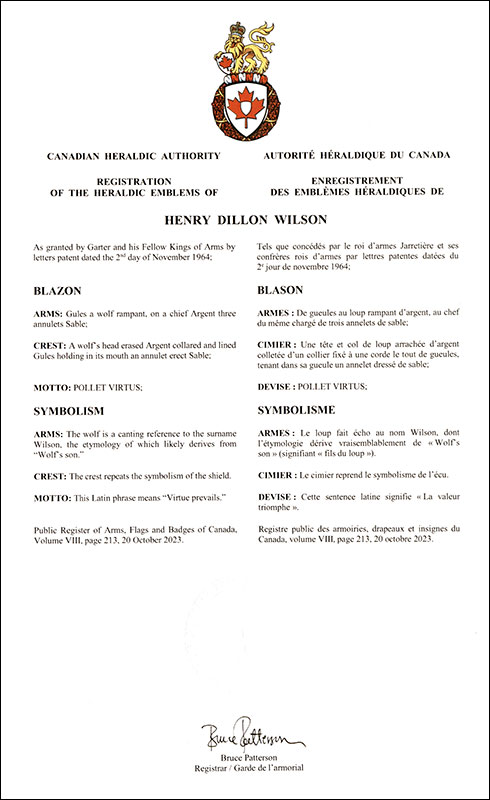 Letters patent registering the heraldic emblems of Henry Dillon Wilson