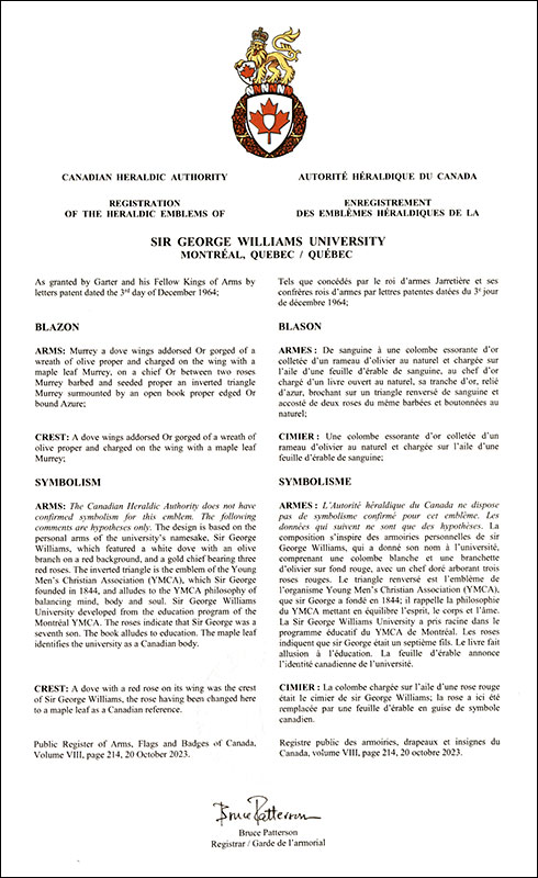 Letters patent registering the heraldic emblems of Sir George Williams University