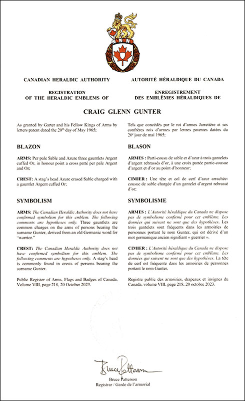 Letters patent registering the heraldic emblems of Craig Glenn Gunter