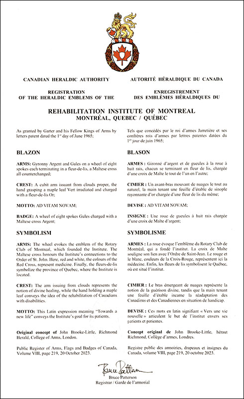 Letters patent registering the heraldic emblems of the Rehabilitation Institute of Montreal