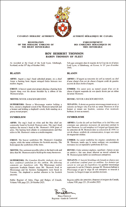Letters patent registering the heraldic emblems of Roy Herbert Thomson