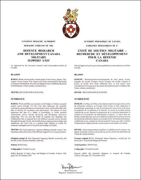 Lettres patentes approuvant l’insigne de l'unité de soutien militaire – recherche et développement pour la Défense Canada