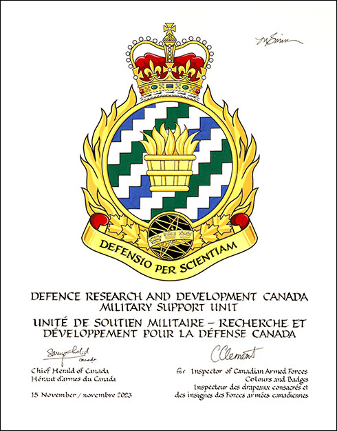 Lettres patentes approuvant l’insigne de l'Unité de soutien militaire – recherche et développement pour la Défense Canada