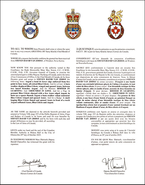 Letters patent granting heraldic emblems to Steven David Van Zoost