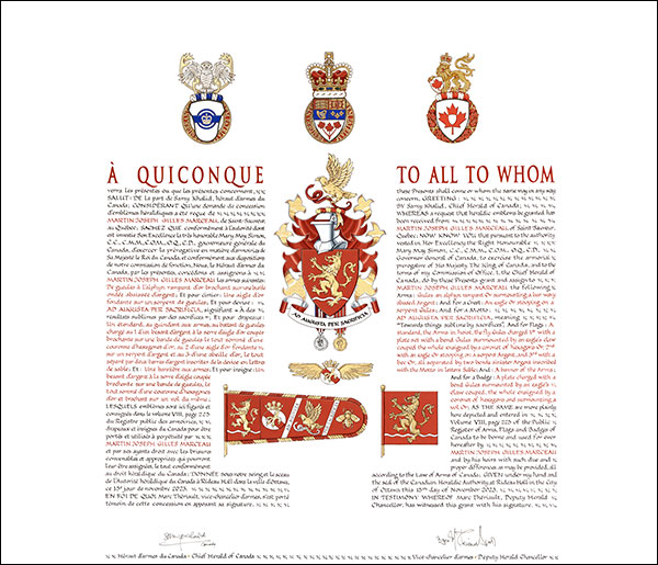 Letters patent granting heraldic emblems to Martin Joseph Gilles Marceau